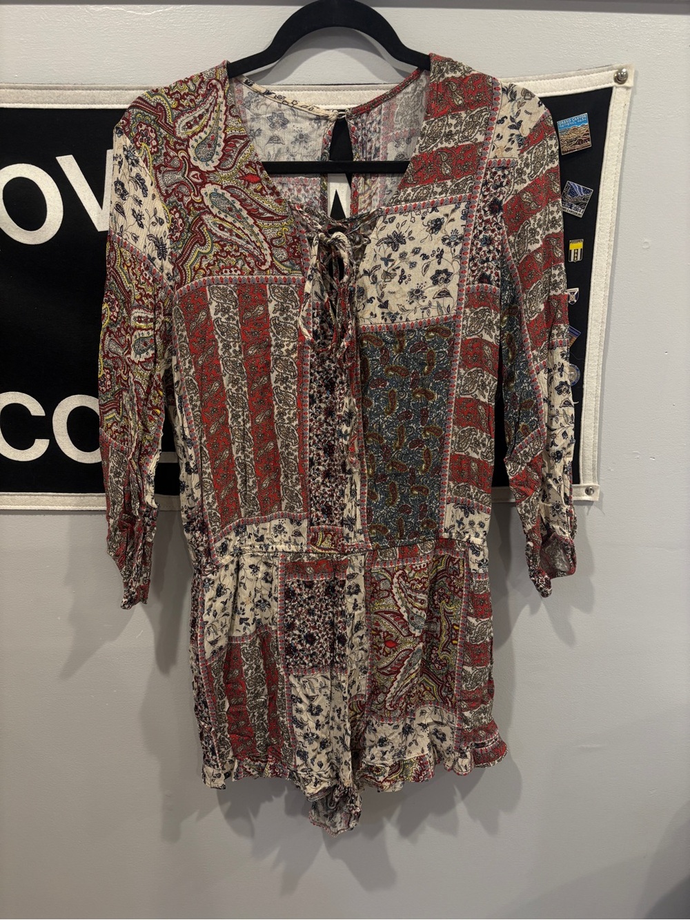 American Eagle Outfitters Red and Cream Paisley Tie-Front Romper